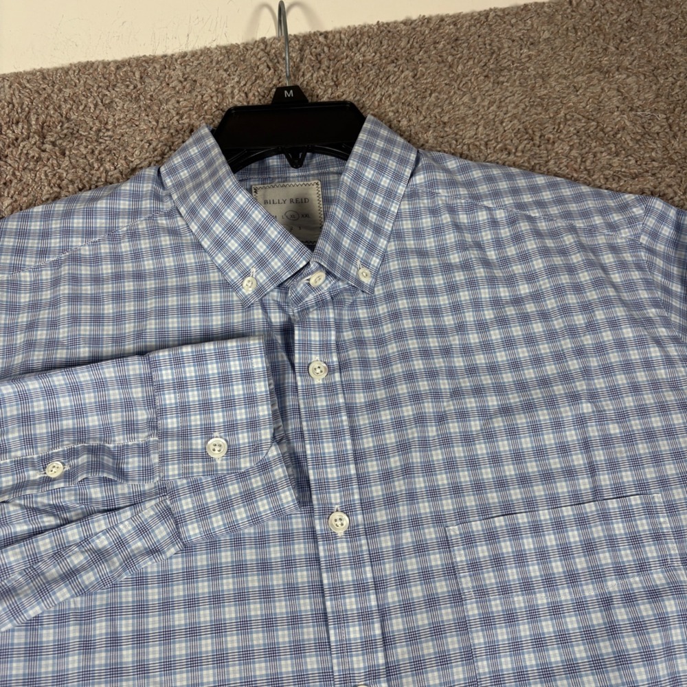 Billy Reid Mens Large Blue White Plaid Cotton Button Down Shirt Fit 2 Made Italy